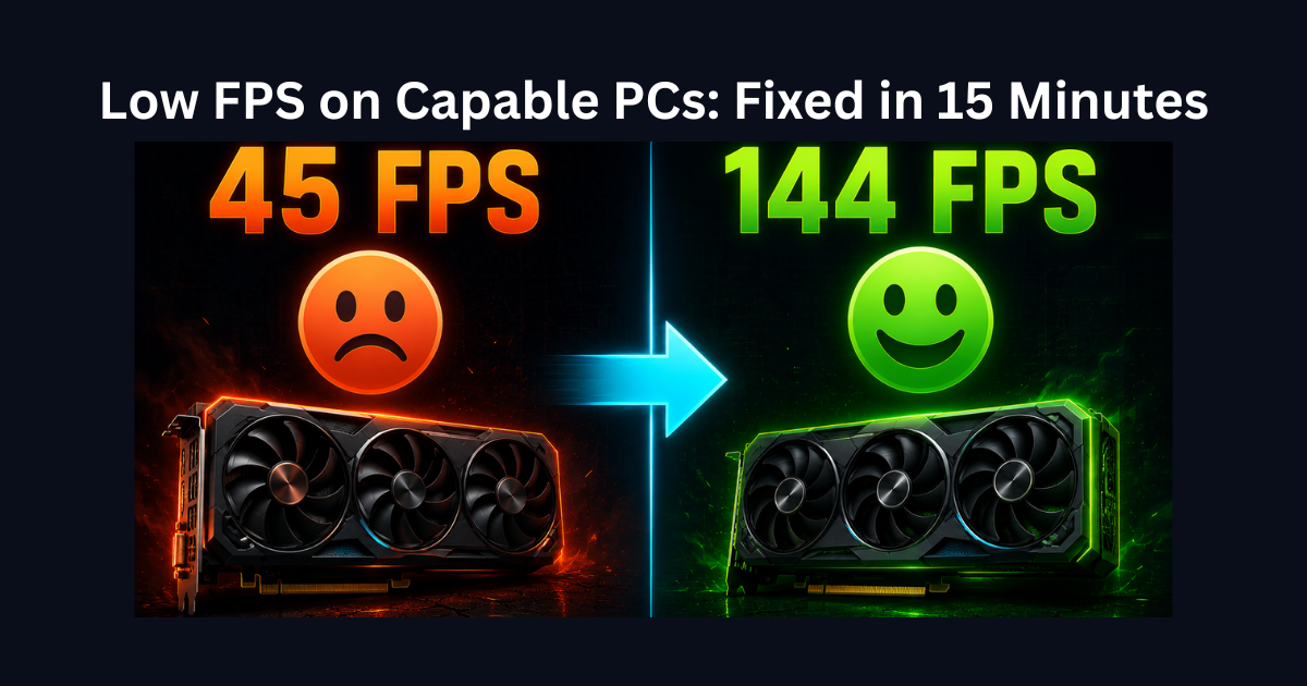 Before and after comparison showing low FPS fixed on high-end gaming pc
