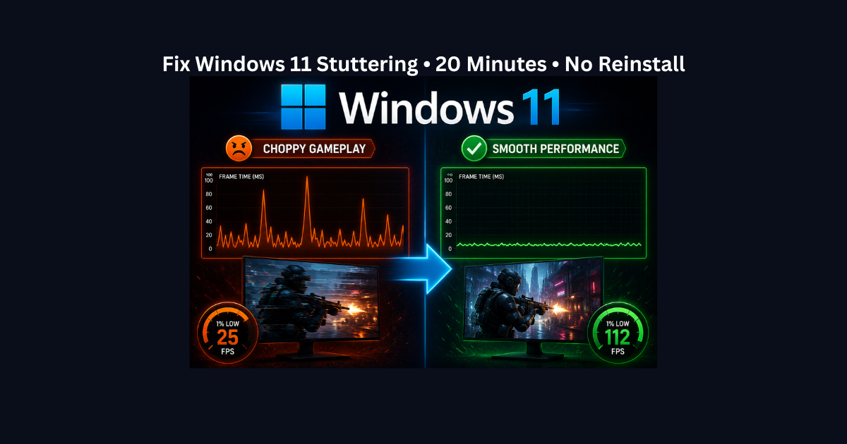 Windows 11 logo with before and after game performance comparison showing stuttering fixed through configuration changes