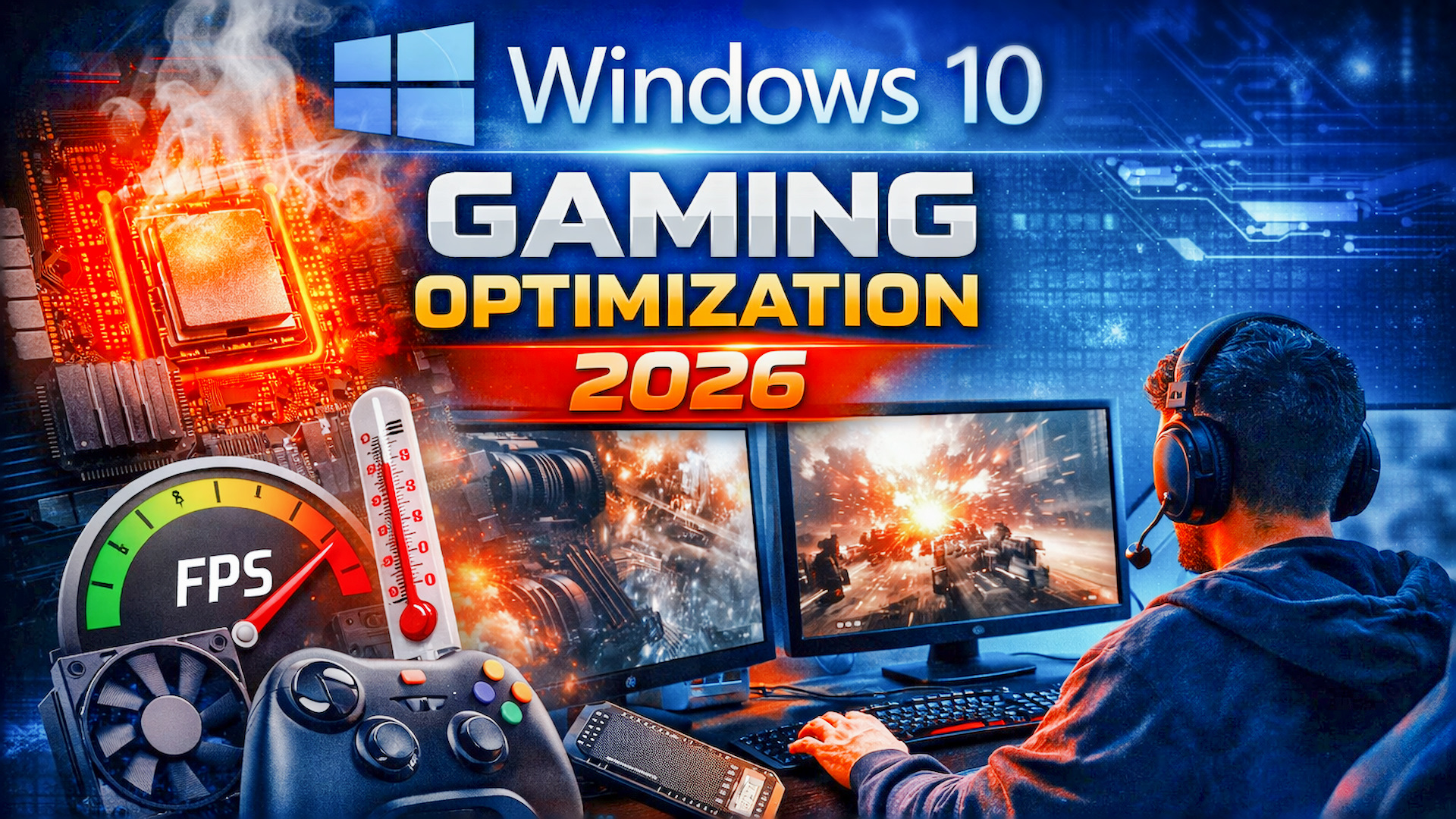 Windows 10 gaming optimization showing CPU temperature control, FPS stability, and no lag performance setup