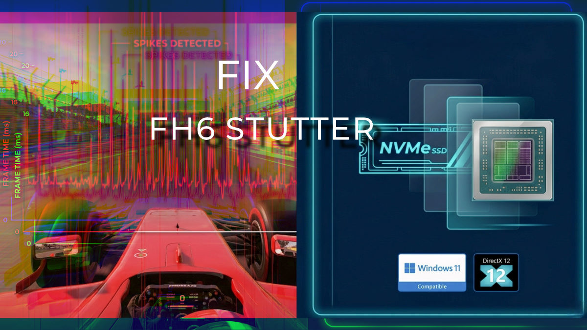 Forza Horizon 6 PC performance diagnostic screen showing frame time stutter fixes for AMD and NVIDIA GPUs.
